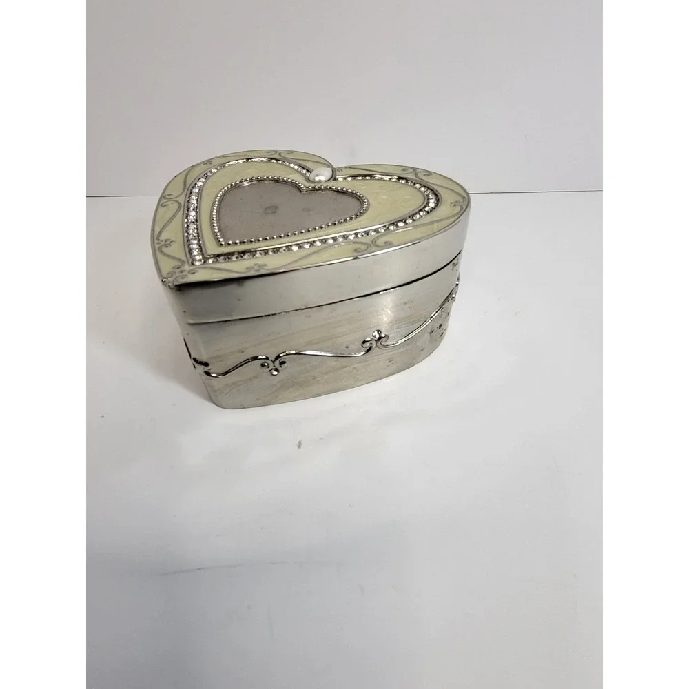 Things Remembered Heart Jewelry Box Silver Tone Rhinestone Enamel Photo Lid